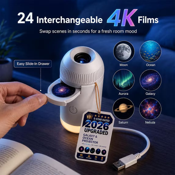 New Upgraded 4K Smart Dynamic 5D Holographic Night Light Projector, 2-in-1 Galaxy & Ocean Star Ceiling Projector with 24 HD Films