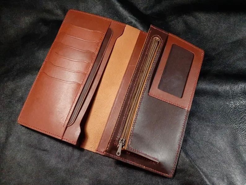 Handmade Vegetable Tanned Leather Long Wallet with Zipper