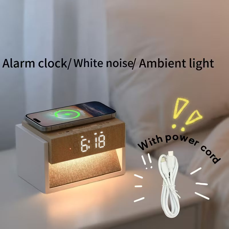 White Noise Night Light with Wireless Charging, Smart Alarm Clock, Bedside Lamp for Bedroom