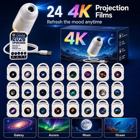 New Upgraded 4K Smart Dynamic 5D Holographic Night Light Projector, 2-in-1 Galaxy & Ocean Star Ceiling Projector with 24 HD Films