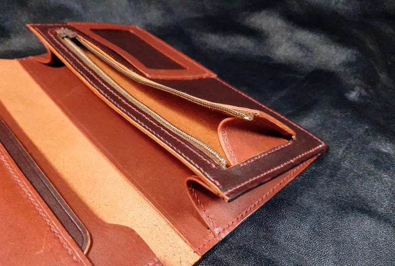 Handmade Vegetable Tanned Leather Long Wallet with Zipper